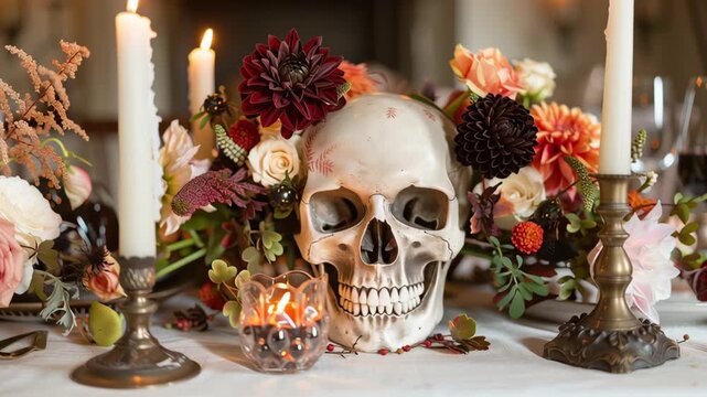 Still Life Skull Composition: A macabre yet elegant still life, featuring a human skull artfully placed amidst blooming flowers and candlelight, creating a dramatic atmosphere