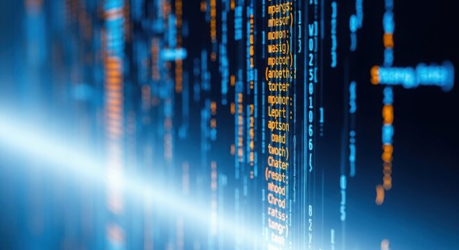 Abstract digital data flow, programming code lines on blue screen, cyber security - Powered by Adobe