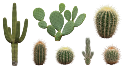Collection of Various Desert Cactus Plants Sticker Set Isolated Cutout Transparent PNG