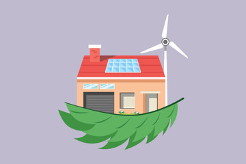 sustainability home with the concept of a house on leaves. sustainability home concept. colored flat vector illustration isolated