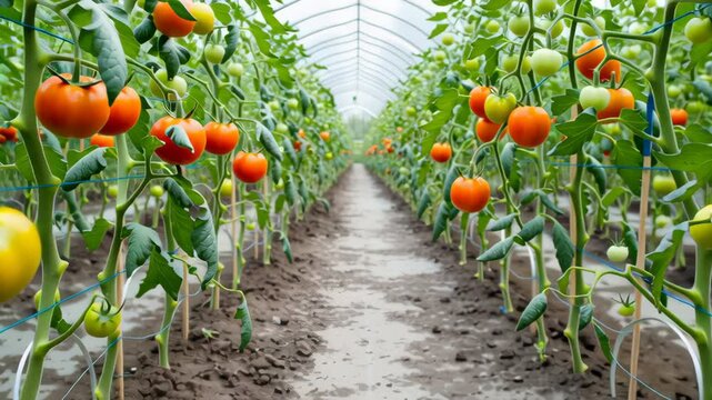 Tomato Farm Abundance: Rows of ripe tomatoes hang heavily on the vine within a bright, spacious greenhouse, demonstrating the potential for freshness and sustainable agriculture.