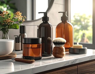Bathroom counter with bottles, brush, and candle; light and modern design