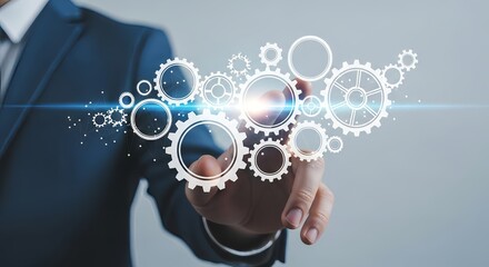 Professional strategist interacts with dynamic interconnected gears symbolizing innovation and seamless process execution in a modern business environment