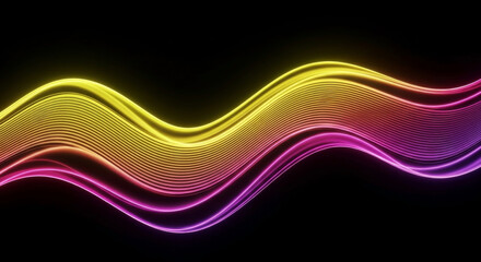 A flowing, luminous wave transitions from golden yellow to vibrant magenta against a dark backdrop.
