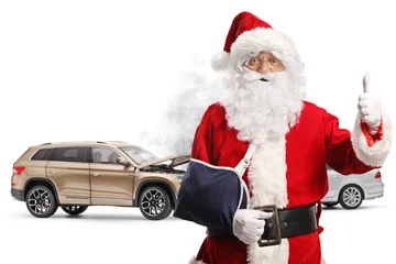 Fototapeten Pony Car collision and Santa Claus with arm injury gesturing thumbs up  © Ljupco Smokovski