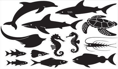 Marine wildlife silhouette bundle featuring sharks, dolphins, turtles, and fish