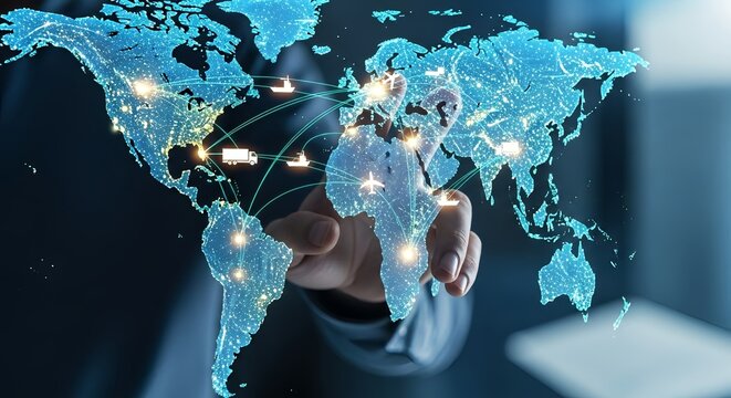 Global logistics network connecting continents with transportation icons, representing worldwide commerce and interconnectedness in a dynamic digital world. - Powered by Adobe