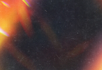 Abstract dark textured background featuring vibrant orange and red light flares, subtle grainy noise, cosmic mood, ideal for dramatic design, banners, overlays, and visuals