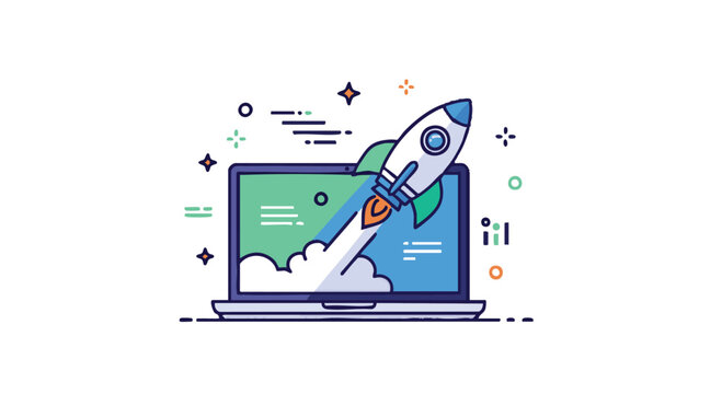Vector Illustration of Startup Rocket Launching from Laptop Screen in Modern Style