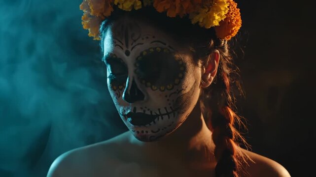 Woman wears sugar skull makeup. Closeup portrait shows facepaint and skull design. Flower crown of marigold rests on head. Braided hair falls over shoulder. Dayofthedead costume with moody light. - Powered by Adobe