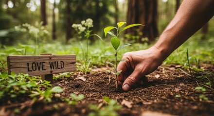 Hand planting a seedling with a ' Love Wild' sign tree