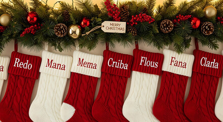 Christmas stockings with names hang on a decorated mantelpiece for the holidays.