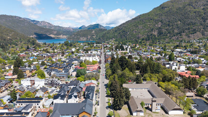 Aerial view of the city of "San Martin de los Andes", Neuquen, Argentina. (Route of the 7 Lakes)