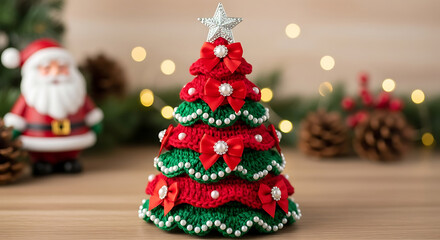 A festive crocheted Christmas tree decoration with Santa Claus in the background.