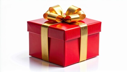 Obraz premium Red gift box with gold ribbon and bow vibrant red gift box adorned with shimmering gold ribbon and delicate bow perfect for special occasions