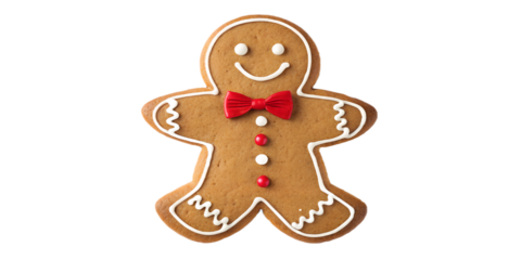 Cute gingerbread man cookie decorated with white icing and a red bow tie. Traditional Christmas dessert isolated on transparent background. Festive holiday symbol for winter, baking, and New Year cele