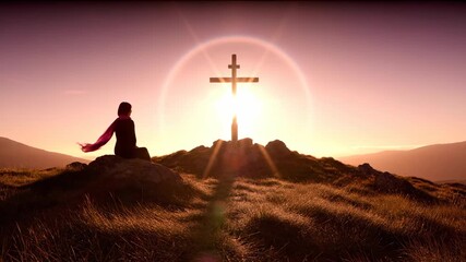 person kneel and pray on hill at sunrise. person faces cross on ridge. silhouette forms against sky. long grass surrounds figure. ridge meets horizon. wind moves grass. sky glows above. horizon - Powered by Adobe