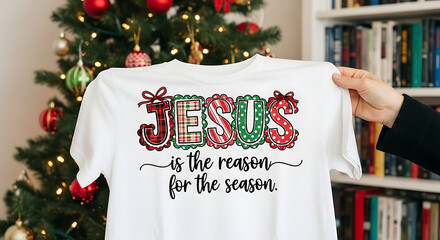 A white t-shirt with a Christmas-themed message about Jesus is held up in front of a decorated Christmas tree.