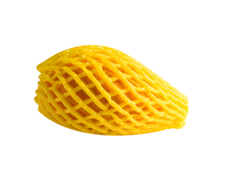 Yellow foam protective fruit net sleeve for packaging produce on isolated background