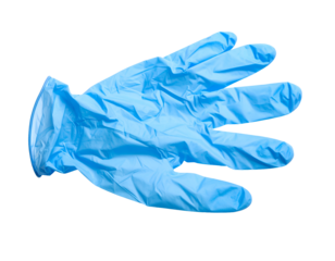 Blue crumpled disposable protective glove lying flat with wrinkled texture on isolated background