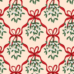 Preppy mistletoe christmas floral coquette bow Christmas seamless pattern wrapping paper, fabric