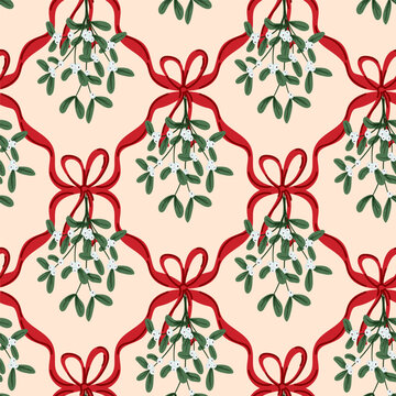 Preppy mistletoe christmas floral coquette bow Christmas seamless pattern wrapping paper, fabric
