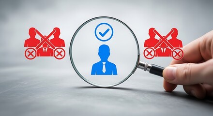 A magnifying glass focuses on a selected person