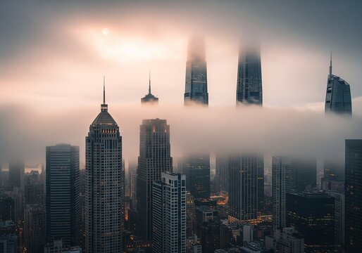 Skyscrapers disappearing into fog