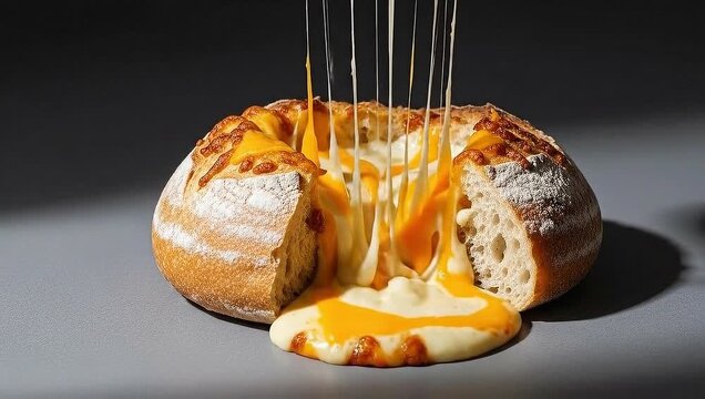 A delicious bread bowl filled with melted cheese, a mouthwatering culinary delight. The cheese is oozing out invitingly, creating a tempting visual experience.