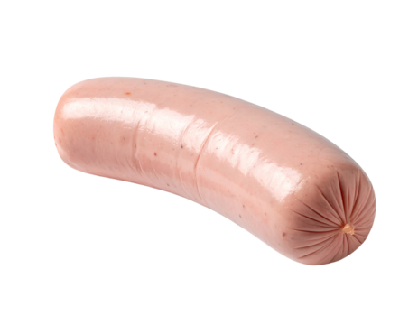 Smooth pink processed boiled sausage log of meat with shiny casing on isolated background