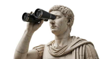 Marble Statue of Roman Emperor Looking Through Binoculars Isolated Cutout Transparent PNG
