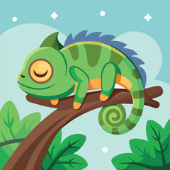 Fototapeta premium Whimsical green chameleon resting on a branch, flat vector art