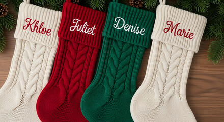 Four personalized Christmas stockings are hanging from a garland.
