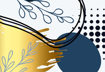 Vibrant abstract composition featuring organic plant-inspired outlines, gold brush strokes, navy shapes, and a dotted pattern for modern design, branding, and graphic projects