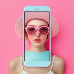 A stylish woman poses with a smartphone framed around her face, featuring a pink background that enhances her chic summer look.