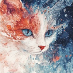 A vibrant, artistic depiction of a cat with striking blue eyes, blending colors and abstract patterns that evoke a sense of wonder.