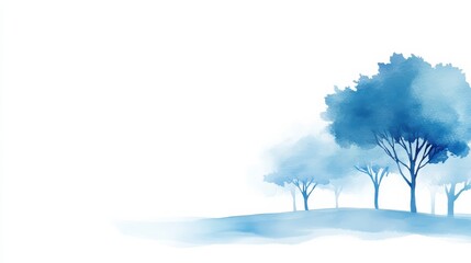 A serene watercolor landscape featuring soft blue trees against a minimalist white background, evoking tranquility and peacefulness.