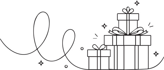 Minimalist line art illustration of stacked gift boxes and swirl