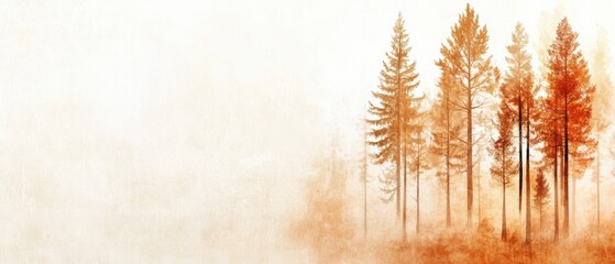 A serene autumn landscape featuring tall trees with orange foliage against a soft, muted background.