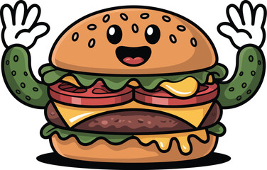 Cute smiling burger cartoon with arms up, cheerful fast food character illustration, fun mascot for restaurants and cafes