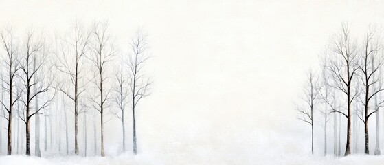 A serene winter landscape featuring bare trees against a soft, pale background, evoking a sense of calm and tranquility.