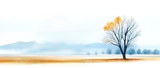 A serene landscape featuring a bare tree with autumn leaves, set against a misty background of mountains and soft colors.