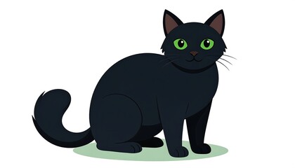 Cartoon-style, sitting black cat with green eyes and curled tail