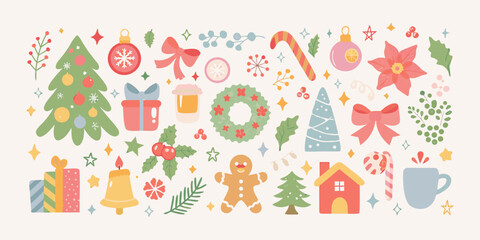 Collection of cute hand drawn christmas elements and decorations in a festive flat design style