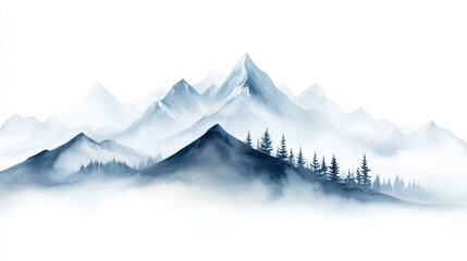 A serene watercolor landscape featuring mountains and trees, enveloped in soft mist, creating a tranquil and dreamy atmosphere.