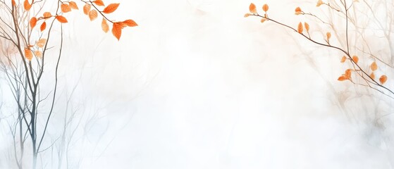 A serene, minimalist illustration featuring delicate branches and soft orange leaves against a muted, foggy background.