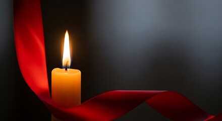 A single lit yellow candle with a bright flame surrounded by flowing red ribbon against a dark background