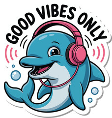 Happy dolphin wearing pink headphones enjoying music underwater, cheerful cartoon character spreading positive energy and good vibes.