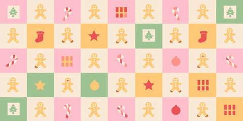 Cute retro christmas pattern with gingerbread men candy canes and ornaments