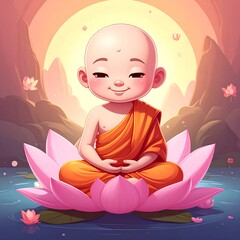 Cartoon-style smiling bald child monk meditating on a lotus flower